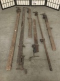 Six long antique wood & metal CJW clamps. Some wear, see pics. Approx. 72x5x2 inches.