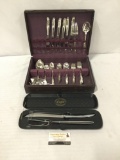 45 pieces of Rogers flatware, and a Chas D. Briddell carving set. Box for Rogers approx 15x11 inches