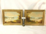 2 framed original oil paintings depicting seaside towns, both signed by E. Crail (?) 20x16x2 inches
