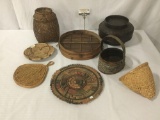 8 Asian & African woven baskets & trays, from the Philippines/Botswana approx. 11x11x8 inches.