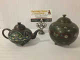 2 vintage metal decor pieces butterfly/floral designs: small teapot & spherical container 4x4x4 in.