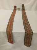 Pair of red & green antique Peruvian ceremonial belts, longest approx. 59x4.25x0.25 inches.