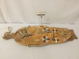 Native American hide/wood papoose cradle board w/beadwork, 1 side of the handle detached 33x14x2 in.