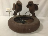 Metal garden fountain birdbath w/ bird figures, tested/working, Approx. 18x20x14 inches.