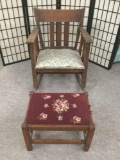 Antique mission style wooden rocking chair & ottoman w/ floral upholstery approx. 32x26x33 inches