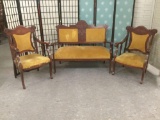 Vintage regal love seat w/ casters & two armchairs w/yellow upholstery, largest approx. 46x23x39 in.