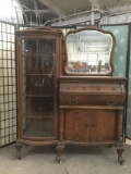 Vintage/antique 3-drawer dresser cabinet w/4 shelves, casters, & mirror approx. 68x52x21 inches.