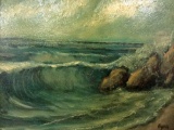 Vintage framed original oil painting of waves crashing on a beach, signed by artist Lyra (?)