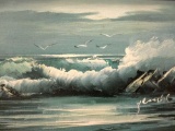 Small vintage original signed(?) oil painting of seagulls & ocean waves in a gold tone wooden frame