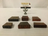 Six vintage wooden Asian character stamps, largest approx. 3x2.5x0.75 inches.