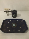 Vintage blue European Loneville ceramic tray & lidded container w/ Latin writing - Do Not Despair
