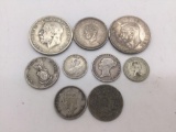 9 silver coins from around the world: 1864 British sixpence 1927 Australian 3 pence 925 silver more+