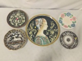 Collection of 5 vintage ceramic plates, some handpainted. Largest measures approx 16x16 inches.