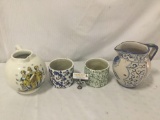 2 vintage hand painted stoneware crocks and 2 hand painted stoneware pitchers. approx 10x11x10 in.