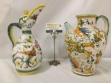 2 vintage painted ceramic pieces, incl. a pitcher w/bird designs & an olive oil vase