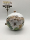 Vintage hand painted hanging ceramic orb art piece depicting a European town, Signed M.A.TD.Ticchi