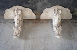 Antique circa 1850 pair of Italian Tuscany hand carved wood wall shelves with cherubic faces