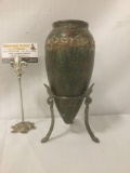 Antique wooden vase w/metal stand, some wear see pics. Approx. 5x5x11 inches.