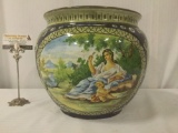 Large vintage hand painted vase w/swirling green designs & a woman w/child nature scene