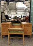 Vintage 5 drawer vanity with mirror and chair seat. Approx 65x50x20 inches.