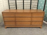 Mid century BP John 9 drawer low boy dresser. Made in Portland. Approx 64x30x18 inches.