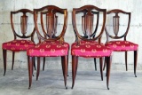 6 antique French dining chairs with red bee motif upholstery. Shows wear. approx 36x18x18 inches.