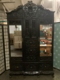 Large 1780s antique Chinese black six-drawer armoire w/mirror clad doors, claw feet 58x24x94 inches.