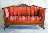 Antique (1830-1840) Piemonte couch/loveseat with red/gold upholstery , approx 72x24x42 inches
