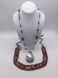 Native American glass, bead, bone & abalone pendant necklace w/ leather & bead head band approx 16in
