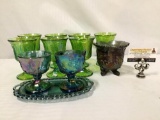 11 pieces of carnival glass. Imperial dish, 7 glasses, cream and sugar with tray.