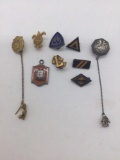 Collection of 9 various membership pins. 2 are gold filled and 3 are sterling silver. app. 21x13x3mm