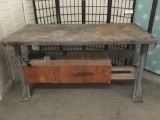Large steel-top shop table w/custom cabinet, shows wear, see pics, approx. 60x30x34 inches.