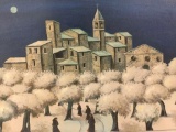 Unframed embellished paint on canvas print of mission w/monks and snowy trees. approx 27.5x19.5 in.