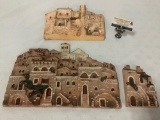 Lot of 3 French handmade clay village scene hanging art pieces, signed by artist, largest has repair