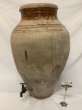 Very large antique ceramic olive oil urn with spout, approx 20x20x32 inches.
