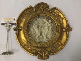 Antique gilt framed cherub relief marble art piece. Enrico Braga