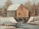 Vintage framed original oil painting of a snowy cabin scene, signed by J. Medina. Approx. 15x13x2 in