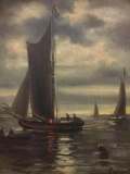 Vintage framed original oil painting of a sailboat, signed by artist Crane. Approx. 16x19x3 inches