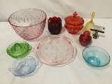 9 colored glass pieces. Vaseline glass, Fenton, depression glass and more. approx 9x9.5x9.5 inches.