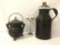 2 vintage metal pieces: jug w/chained lid, metal cauldron w/lid & handle. Largest approx 9x7x15 in.