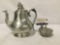 Pewter tea pot and Norwegian Savo Tinn pewter dish. Teapot measures approx 8x8x6 inches.