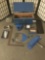 Blue wooden tool box filled w/ misc. metal tools, a motor, & more. Approx. 23x11x11 inches.