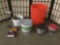 Two buckets filled w/ nails, screws, wire, grout, pre-mixed mortar, & more.