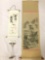 2 hanging scroll Asian art pieces: print of a mountain valley landscape & fortune cat