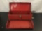 Vintage red toolbox with shelf.