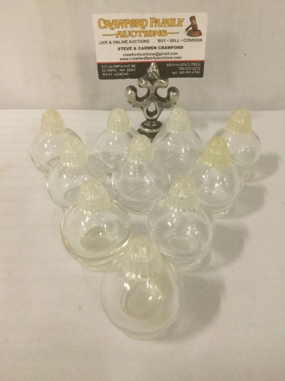 Ten LRice glass salt & pepper shakers from New York, approx. 2.5x2x2 inches.