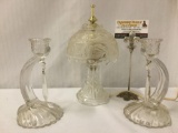 Crystal & composite candle holders & lamp, untested, needs bulb, approx. 6x6x11 inches.