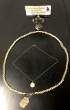 Trifari gold tone 14 inch necklace w/ faux pearl & 1940s gold-filled 14 karat locket necklace