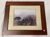 Framed photograph of Peruvian ruins, titled: Machu PIcchu Fog, approx 21x25 inches.