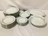 26 pieces of Crown Ming china dishware. Large platter measures approx 14x10 inches.